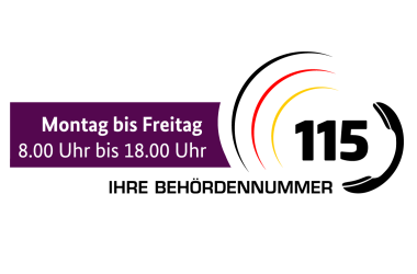 Logo der Behördenrufnummer 115 mit Erreichbarkeit Montag bis Freitag, 8 bis 18 Uhr